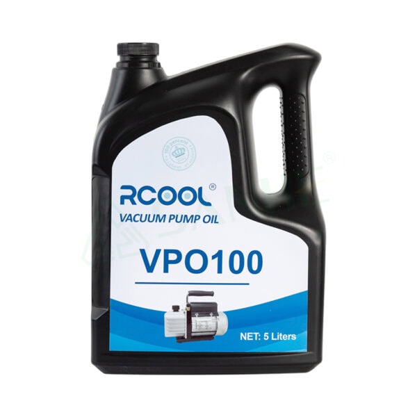 5-liter container of RCOOL vacuum pump oil VPO100 for HVAC and refrigeration systems.